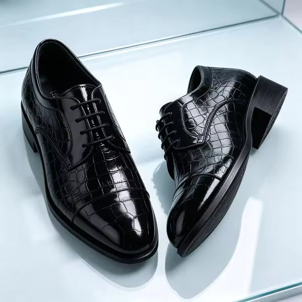 Men's Black Glossy Cap-Toe Oxford Dress Shoes, Embossed Leather Lace-Up Formal Shoes With Block Heel, For Business & Special Occasions